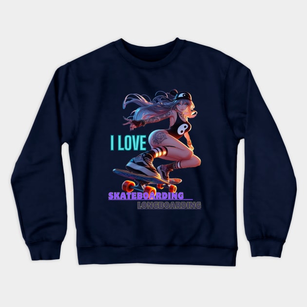 Kawaii, Anime Girl, I Love, Skateboarding & Longboarding Crewneck Sweatshirt by Catsie Cat
